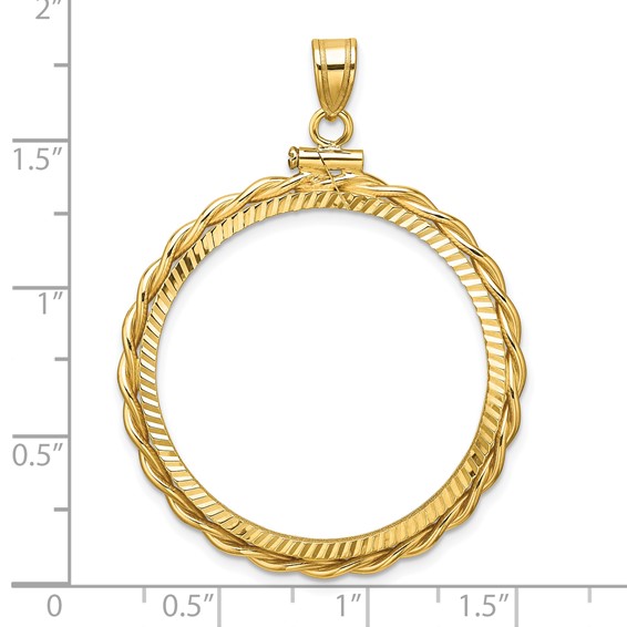 Wideband Distinguished Coin Jewelry 14k Polished Twisted Wire and Diamond-cut 30.0mm x 3.00mm Screw Top Coin Bezel Pendant