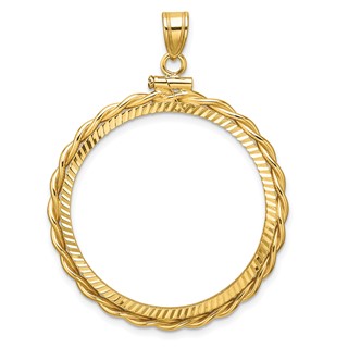 Wideband Distinguished Coin Jewelry 14k Polished Twisted Wire and Diamond-cut 30.0mm x 3.00mm Screw Top Coin Bezel Pendant