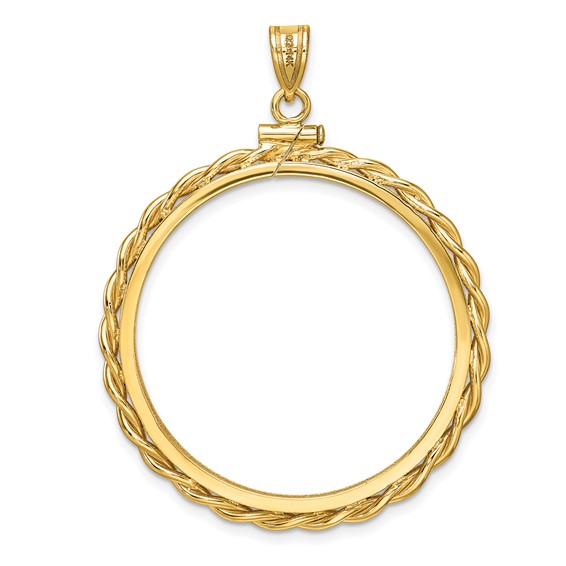 Wideband Distinguished Coin Jewelry 14k Polished Twisted Wire and Diamond-cut 32.0mm x 2.85mm Screw Top Coin Bezel Pendant