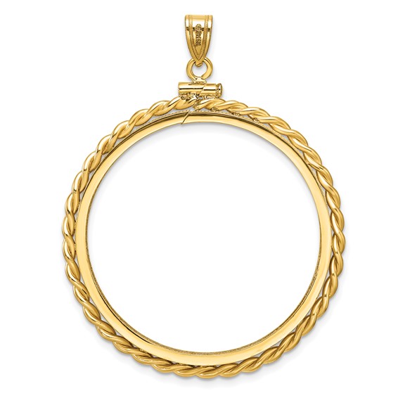 Wideband Distinguished Coin Jewelry 14k Polished Twisted Wire and Diamond-cut 34.2mm x 2.85mm Screw Top Coin Bezel Pendant