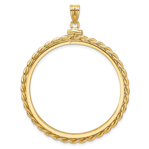 Wideband Distinguished Coin Jewelry 14k Polished Twisted Wire and Diamond-cut 37.0mm x 2.85mm Screw Top Coin Bezel Pendant