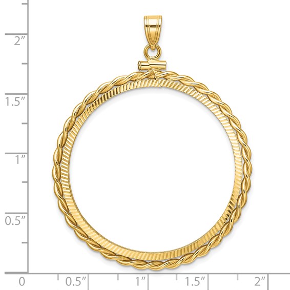 Wideband Distinguished Coin Jewelry 14k Polished Twisted Wire and Diamond-cut 37.0mm x 2.85mm Screw Top Coin Bezel Pendant
