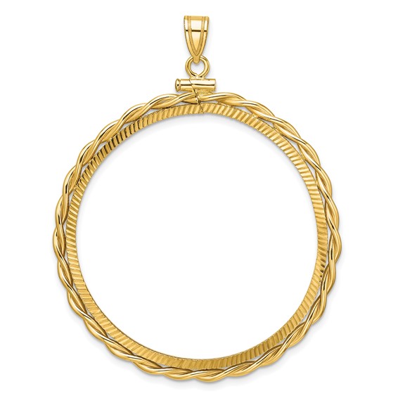 Wideband Distinguished Coin Jewelry 14k Polished Twisted Wire and Diamond-cut 39.5mm x 1.1mm Screw Top Coin Bezel Pendant