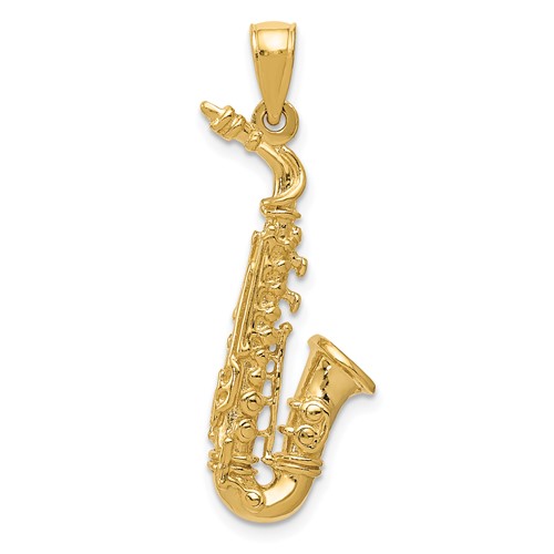 14K Yellow Gold Solid Polished 3-D Saxophone Pendant