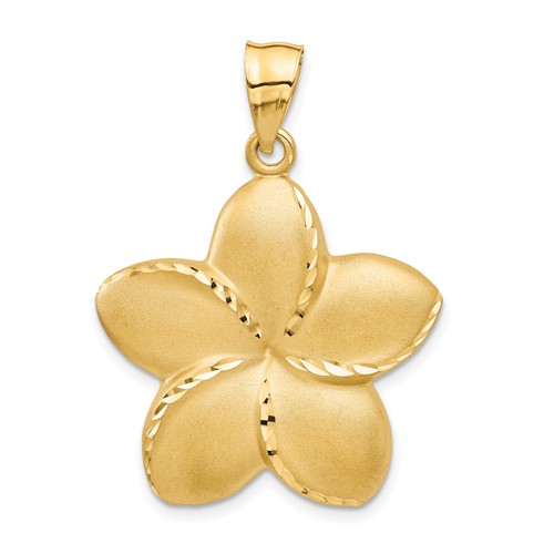 14K Yellow Gold Satin Diamond-cut Open-Backed Large Plumeria Pendant