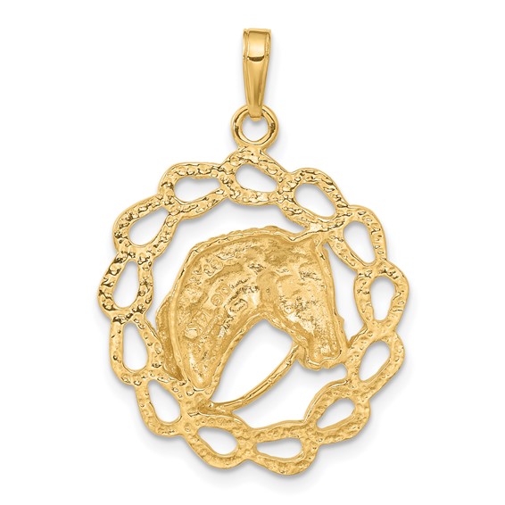 14k Solid Polished Horse Head in Horseshoe Frame Pendant