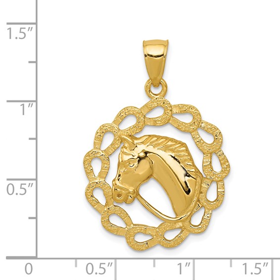 14k Solid Polished Horse Head in Horseshoe Frame Pendant