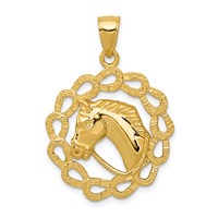 14K Solid Polished Horse Head in Horseshoe Frame Pendant view 1
