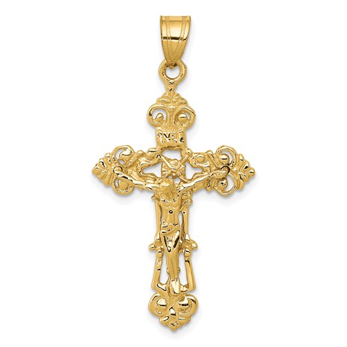 14K Yellow Gold Inri Fleur De Lis Crucifix Pendant