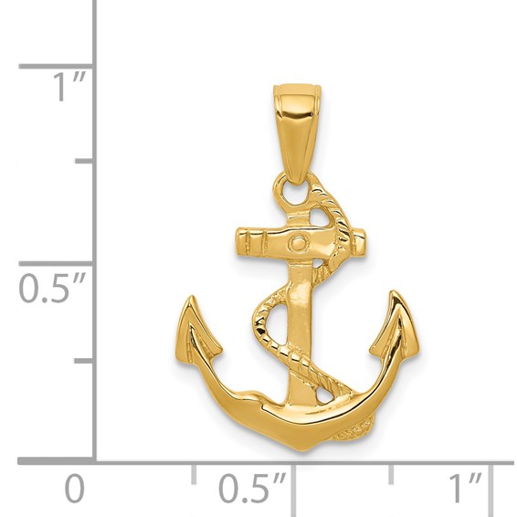 14k Solid Polished Anchor with Rope Pendant
