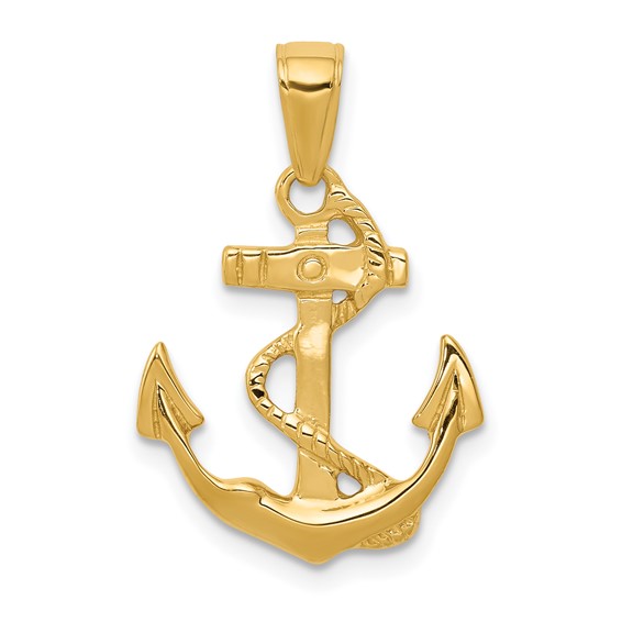 14k Solid Polished Anchor with Rope Pendant