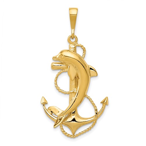 14K Yellow Gold Solid Polished Anchor Pendant with Dolphin