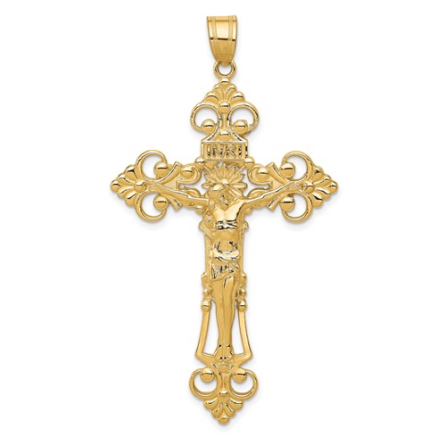 14K Yellow Gold Inri Fleur De Lis Crucifix Pendant