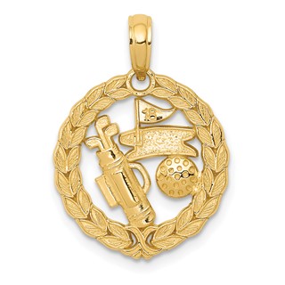 14k Solid Polished Golf Theme Circle Pendant