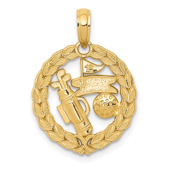 14k Solid Polished Golf Theme Circle Pendant