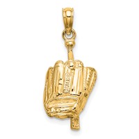 14K Yellow Gold Polished 3-D Glove Bat Baseball Pendant view 3