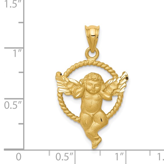 14k Satin Diamond-cut Angel in Circle Pendant