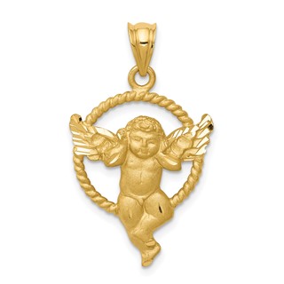 14k Satin Diamond-cut Angel in Circle Pendant