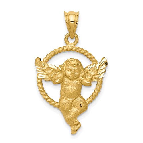14K Yellow Gold Satin Diamond-cut Angel in Circle Pendant