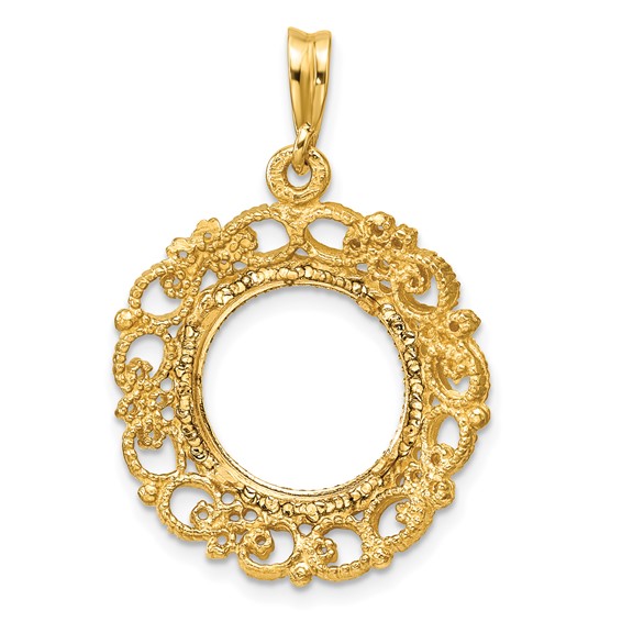 Wideband Distinguished Coin Jewelry 14k Polished Textured and Diamond-cut Victorian 13.0mm Prong Coin Bezel Pendant