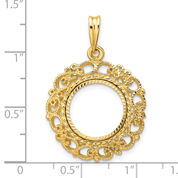 Wideband Distinguished Coin Jewelry 14k Polished Textured and Diamond-cut Victorian 13.0mm Prong Coin Bezel Pendant