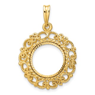 Wideband Distinguished Coin Jewelry 14k Polished Textured and Diamond-cut Victorian 13.0mm Prong Coin Bezel Pendant