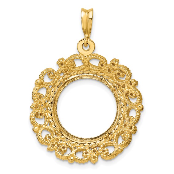 Wideband Distinguished Coin Jewelry 14k Polished Textured and Diamond-cut Victorian 15.0mm Prong Coin Bezel Pendant