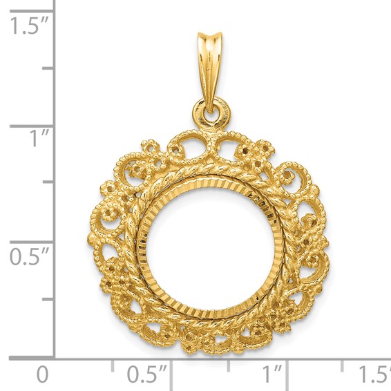 Wideband Distinguished Coin Jewelry 14k Polished Textured and Diamond-cut Victorian 15.0mm Prong Coin Bezel Pendant