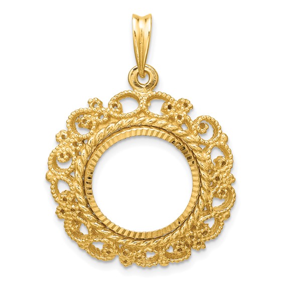 Wideband Distinguished Coin Jewelry 14k Polished Textured and Diamond-cut Victorian 15.0mm Prong Coin Bezel Pendant