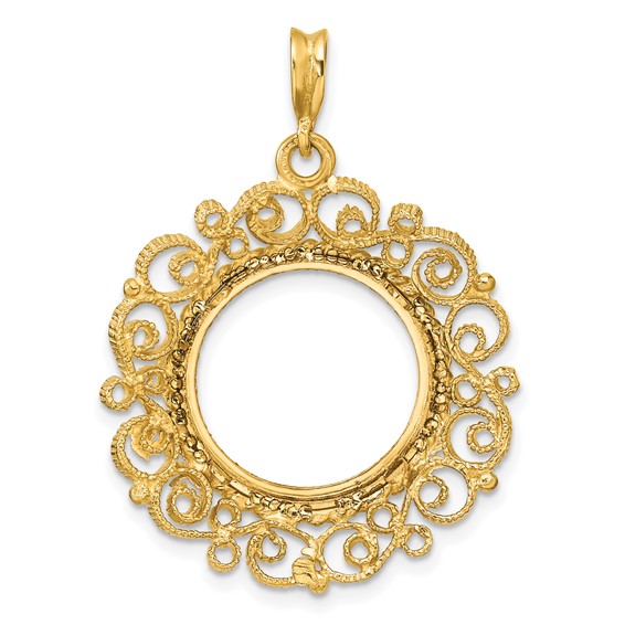 Wideband Distinguished Coin Jewelry 14k Polished Textured and Diamond-cut Victorian 16.0mm Prong Coin Bezel Pendant