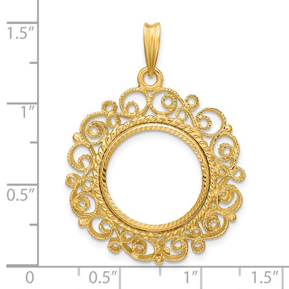 Wideband Distinguished Coin Jewelry 14k Polished Textured and Diamond-cut Victorian 16.0mm Prong Coin Bezel Pendant