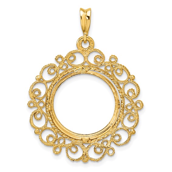 Wideband Distinguished Coin Jewelry 14k Polished Textured and Diamond-cut Victorian 16.5mm Prong Coin Bezel Pendant