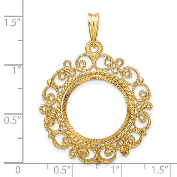 Wideband Distinguished Coin Jewelry 14k Polished Textured and Diamond-cut Victorian 16.5mm Prong Coin Bezel Pendant