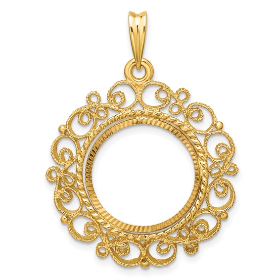 Wideband Distinguished Coin Jewelry 14k Polished Textured and Diamond-cut Victorian 16.5mm Prong Coin Bezel Pendant
