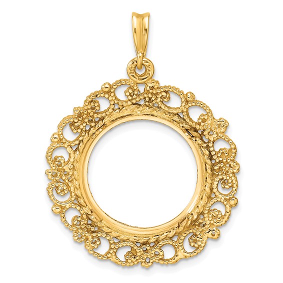Wideband Distinguished Coin Jewelry 14k Polished Textured and Diamond-cut Victorian 17.8mm Prong Coin Bezel Pendant
