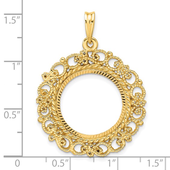 Wideband Distinguished Coin Jewelry 14k Polished Textured and Diamond-cut Victorian 17.8mm Prong Coin Bezel Pendant