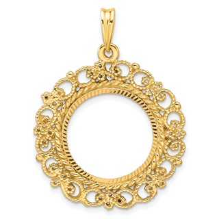 Wideband Distinguished Coin Jewelry 14k Polished Textured and Diamond-cut Victorian 17.8mm Prong Coin Bezel Pendant