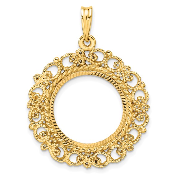 Wideband Distinguished Coin Jewelry 14k Polished Textured and Diamond-cut Victorian 17.8mm Prong Coin Bezel Pendant