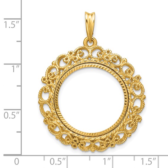 Wideband Distinguished Coin Jewelry 14k Polished Textured and Diamond-cut Victorian 19.5mm Prong Coin Bezel Pendant