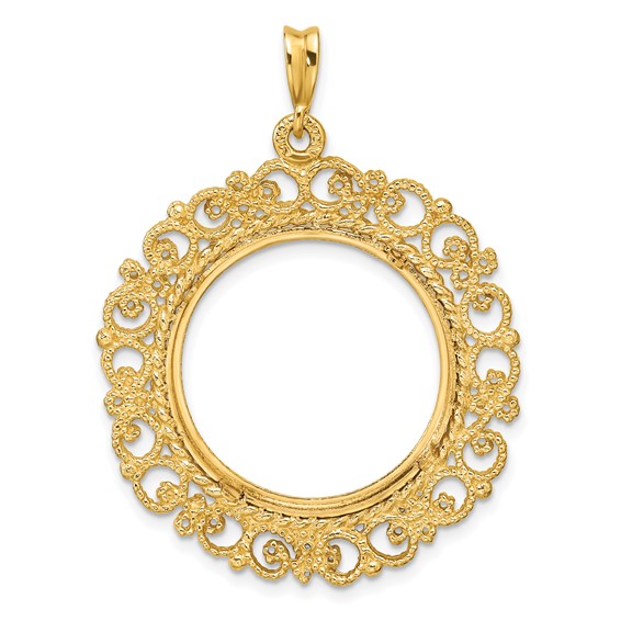 Wideband Distinguished Coin Jewelry 14k Polished Textured and Diamond-cut Victorian 21.6mm Prong Coin Bezel Pendant