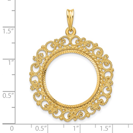Wideband Distinguished Coin Jewelry 14k Polished Textured and Diamond-cut Victorian 21.6mm Prong Coin Bezel Pendant