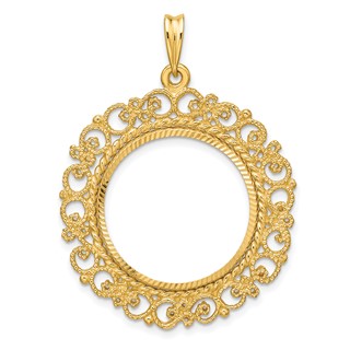 Wideband Distinguished Coin Jewelry 14k Polished Textured and Diamond-cut Victorian 21.6mm Prong Coin Bezel Pendant