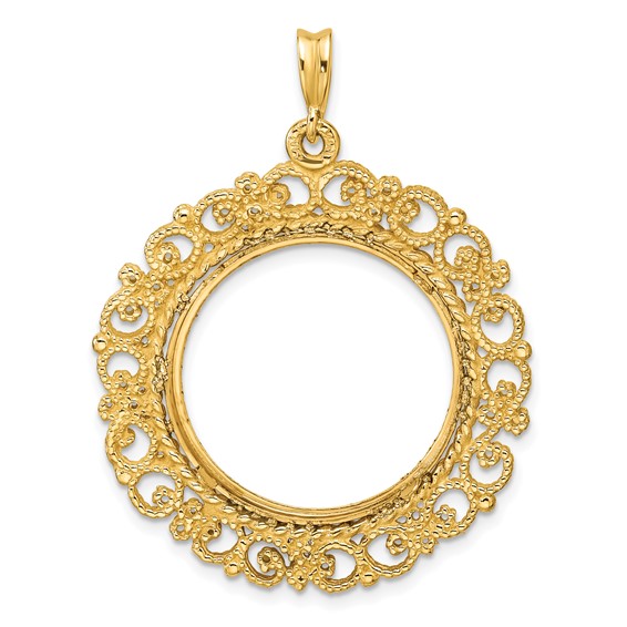 Wideband Distinguished Coin Jewelry 14k Polished Textured and Diamond-cut Victorian 22.0mm Prong Coin Bezel Pendant