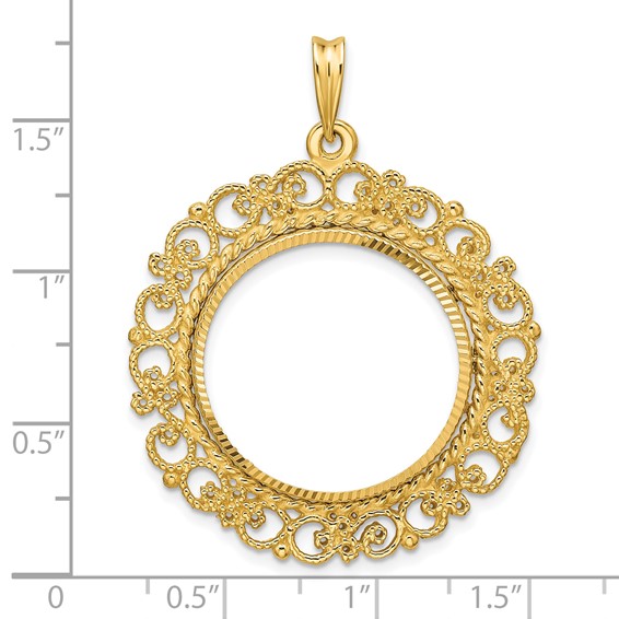 Wideband Distinguished Coin Jewelry 14k Polished Textured and Diamond-cut Victorian 22.0mm Prong Coin Bezel Pendant