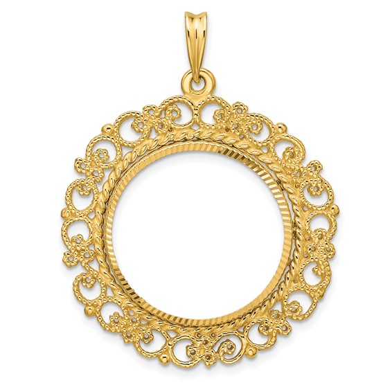 Wideband Distinguished Coin Jewelry 14k Polished Textured and Diamond-cut Victorian 22.0mm Prong Coin Bezel Pendant