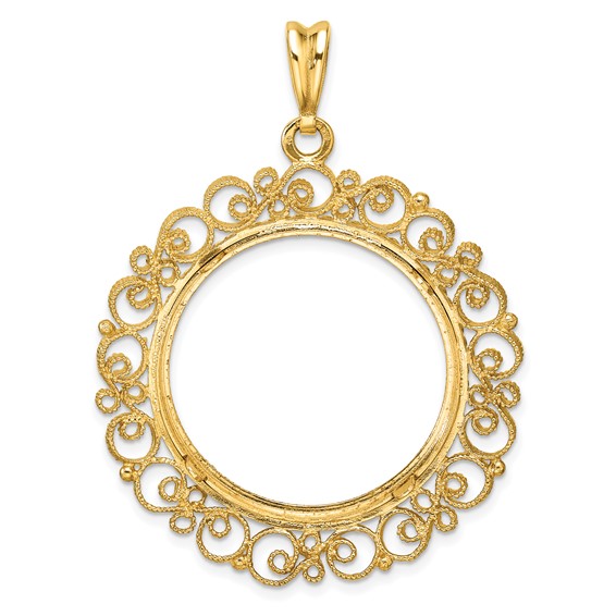 Wideband Distinguished Coin Jewelry 14k Polished Textured and Diamond-cut Victorian 27.0mm Prong Coin Bezel Pendant