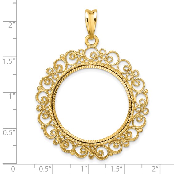 Wideband Distinguished Coin Jewelry 14k Polished Textured and Diamond-cut Victorian 27.0mm Prong Coin Bezel Pendant