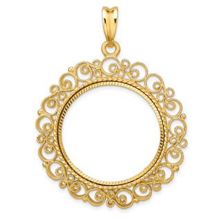 Wideband Distinguished Coin Jewelry 14k Polished Textured and Diamond-cut Victorian 27.0mm Prong Coin Bezel Pendant