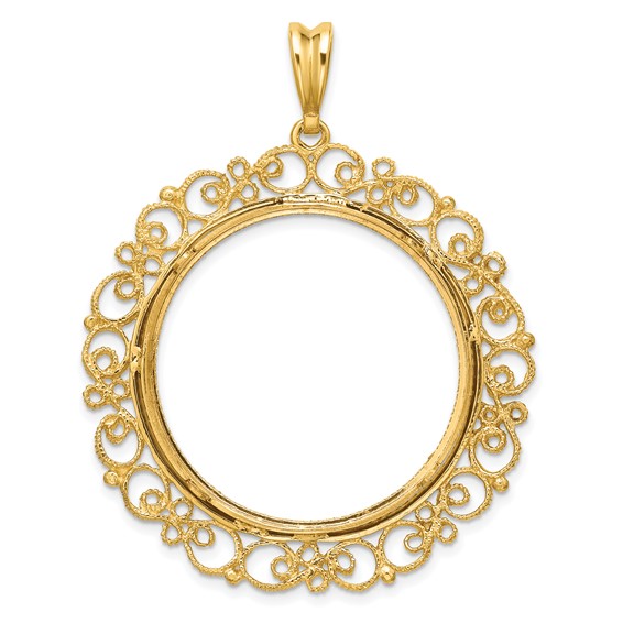 Wideband Distinguished Coin Jewelry 14k Polished Textured and Diamond-cut Victorian 30.0mm Prong Coin Bezel Pendant