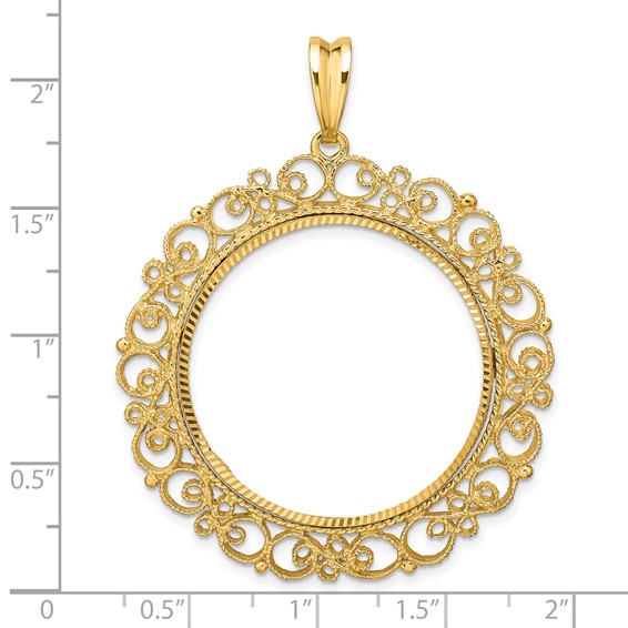 Wideband Distinguished Coin Jewelry 14k Polished Textured and Diamond-cut Victorian 30.0mm Prong Coin Bezel Pendant